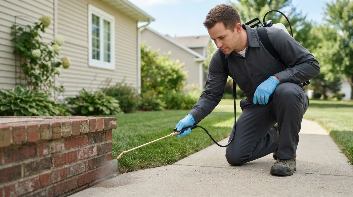Pest control technician treating a home near La Harpe, IL