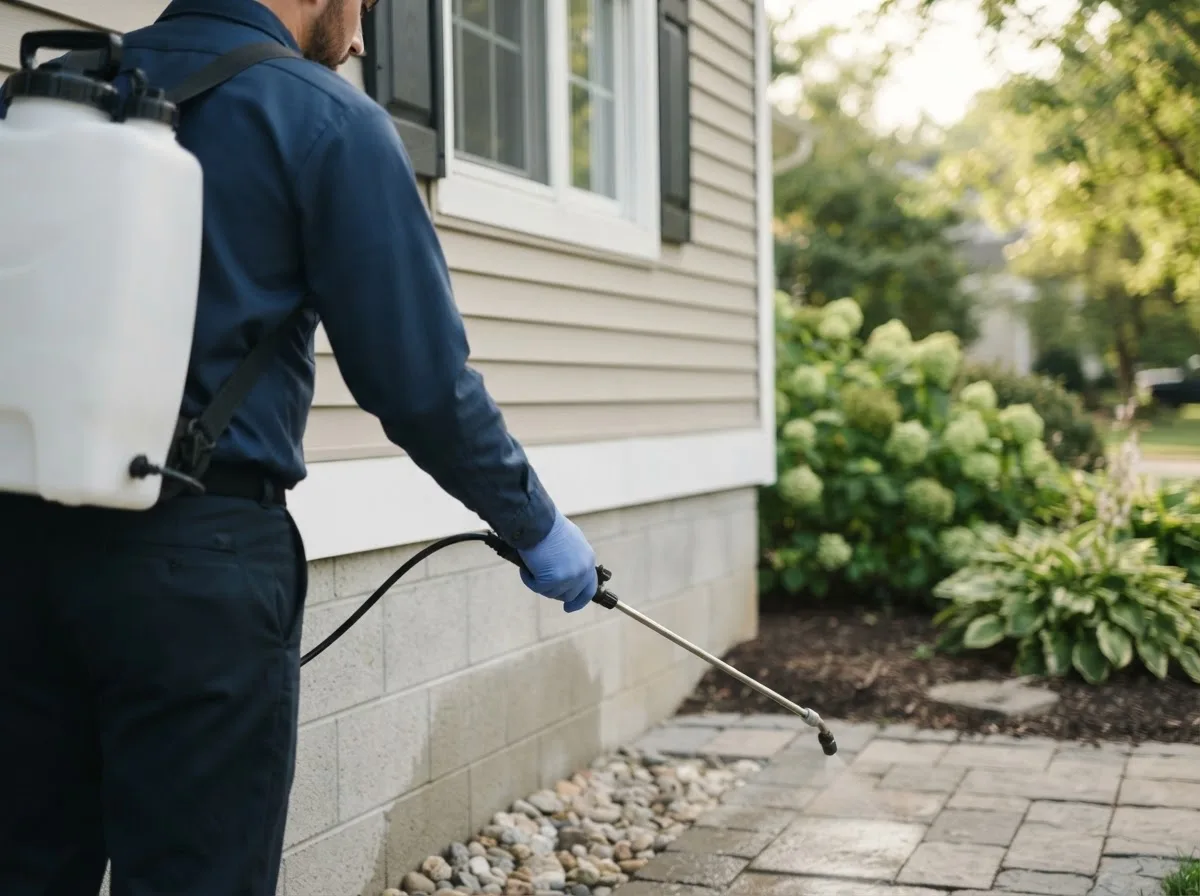 Pest control technician inspecting a home in La Harpe, IL